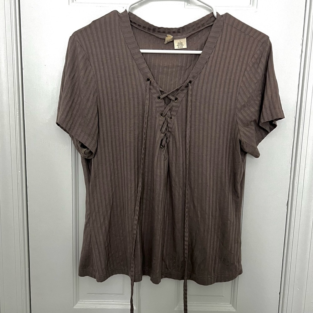 TILLYS lace up top, ribbed short sleeve shirt with criss cross lace tie neckline